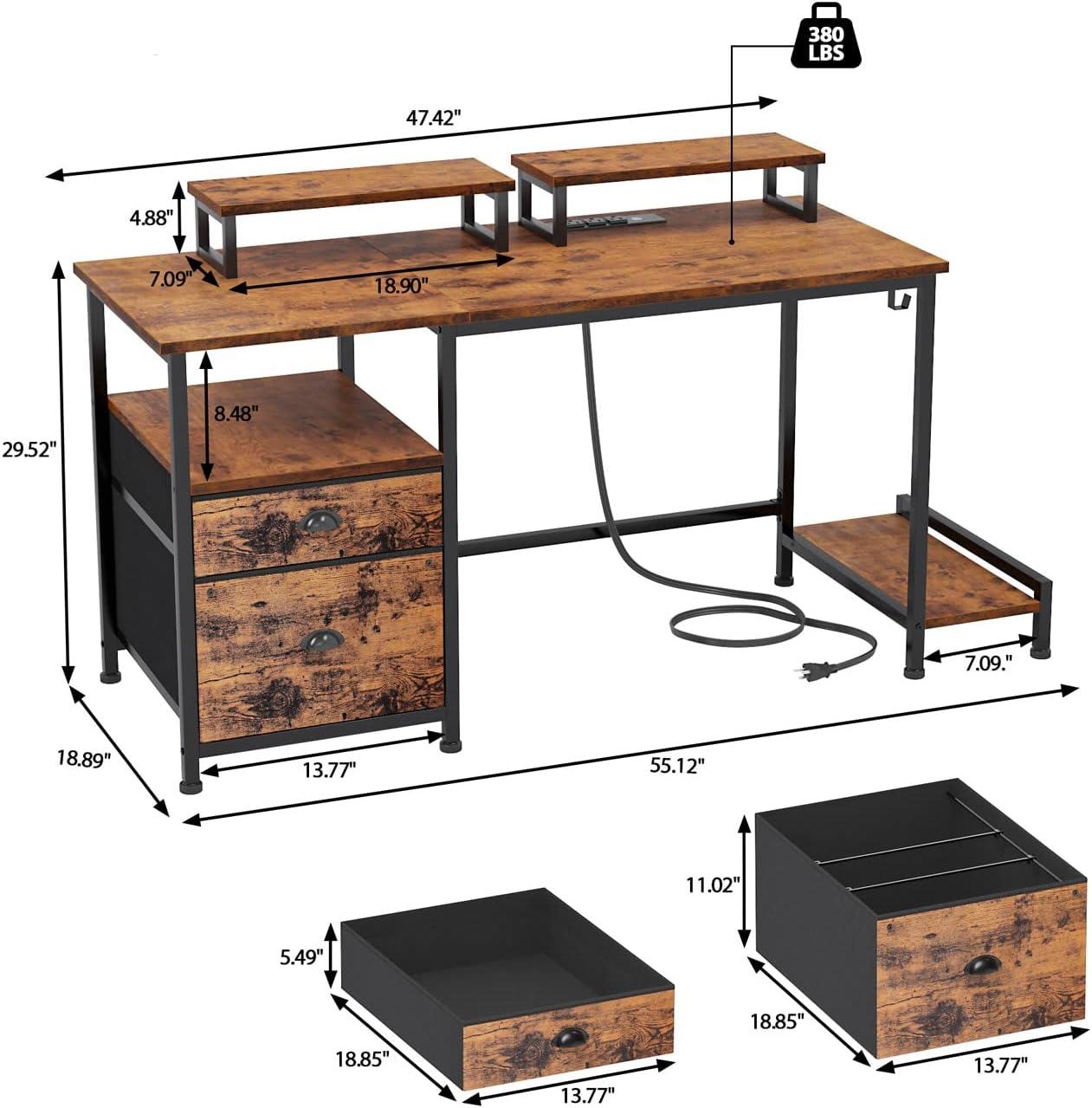 Rustic Brown Computer Desk with Drawer and Power Outlets