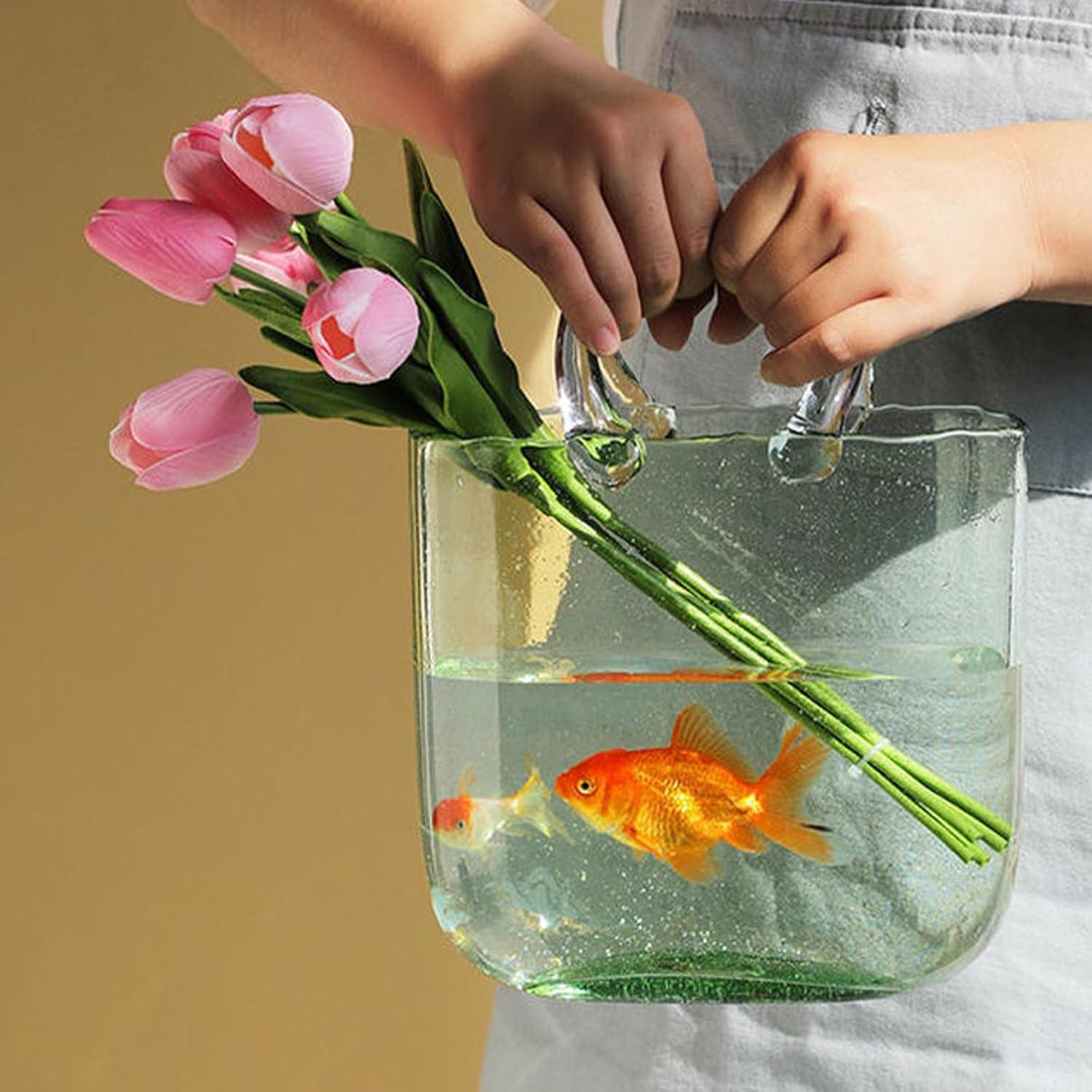 Aippl Glass Vase with Elegant Purse Design, Hand Purse vase with Fish Bowl, Unique Flower Vase with Handle and Bubbles - for Home Decor/Office/Garden/Wedding Decor/Enterpiece/Events(Light Green)