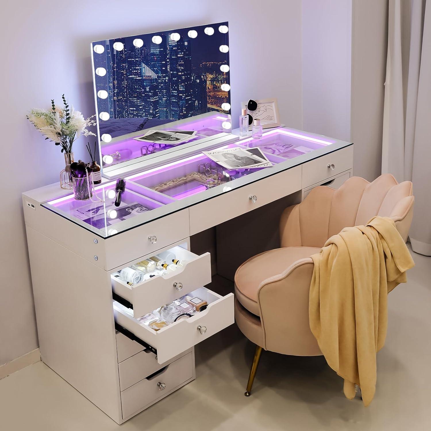 White 60" Vanity Desk with 13 Drawers and LED Lighting