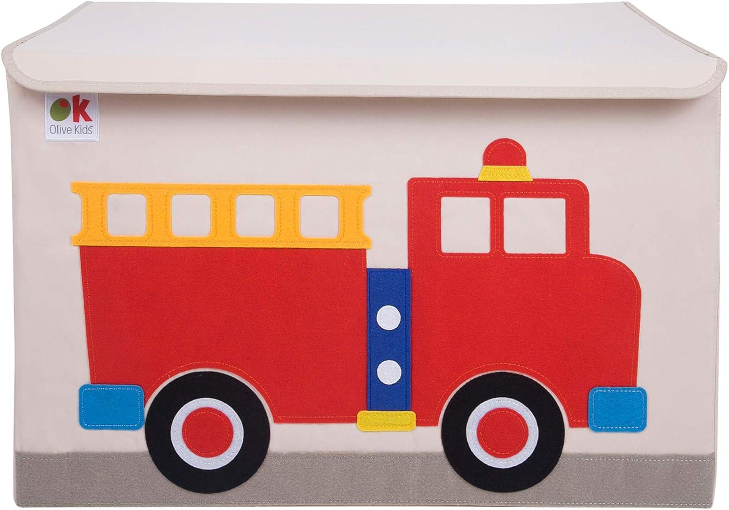 Kids Beige Fabric Toy Chest with Fire Truck Design