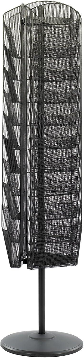 Black Powder-Coated Steel Mesh Rotating Magazine Stand with 30 Compartments