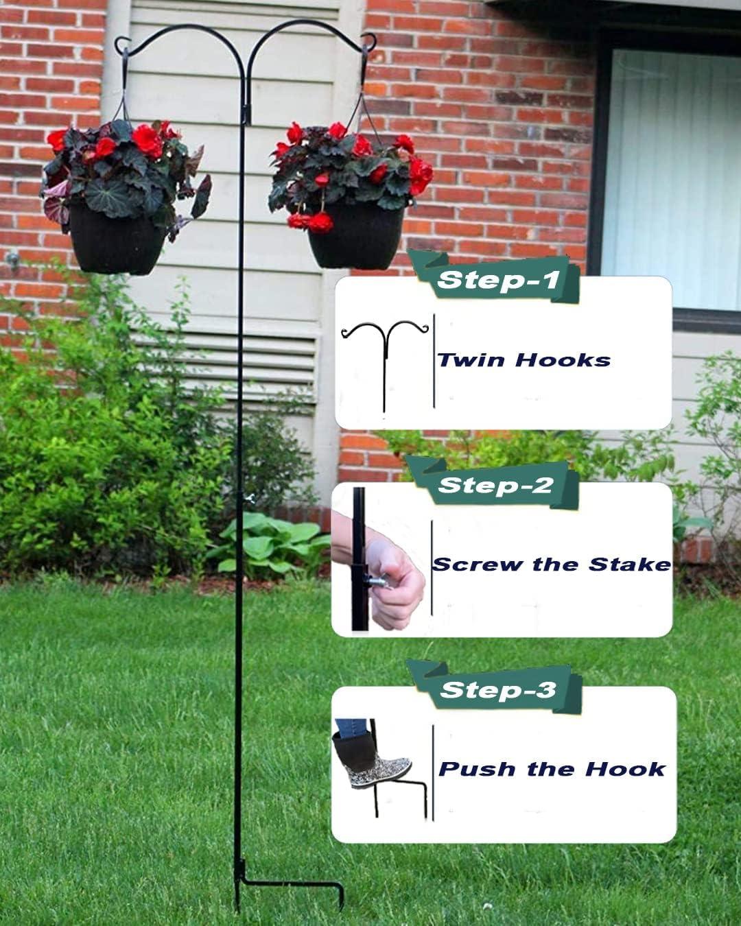 Ashman One-Sided Steel Shepherds Hook Outdoor Garden Decoration for Hanging Flowers, Plants, Baskets, Feeders, Ornaments, 65 Inches, 4 Pack, Black