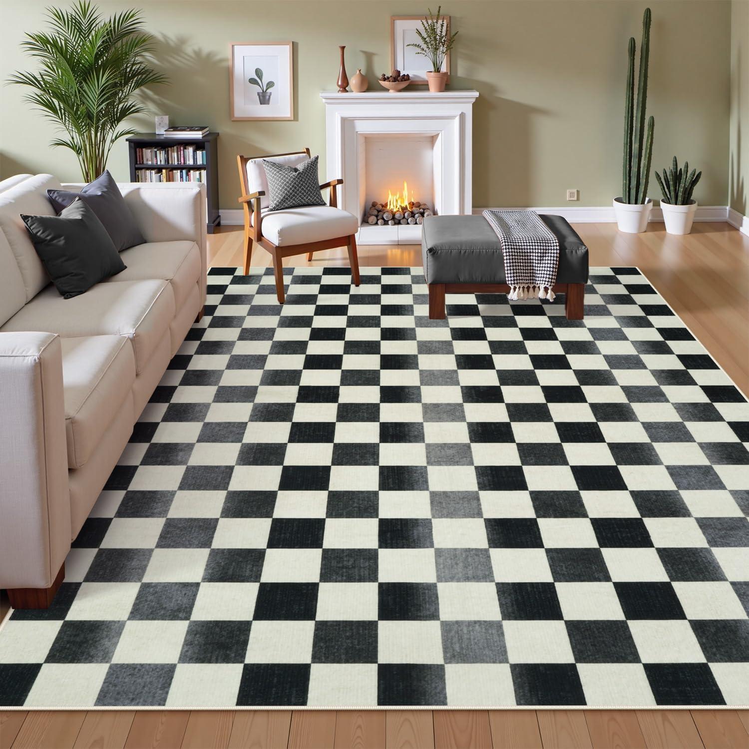 Luxe Weavers Checkered Black and White Geometric 8x10 Area Rug