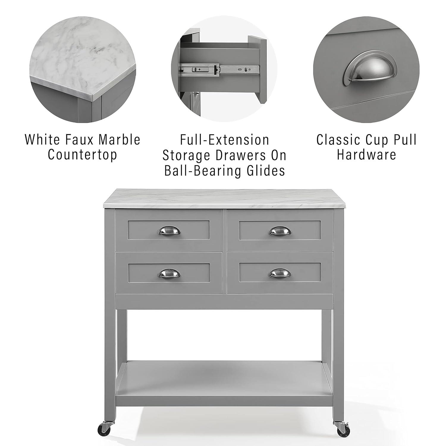Connell Kitchen Island Cart Gray/White Marble - Crosley: Mobile Storage, 4 Drawers, Open Shelf, Locking Wheels