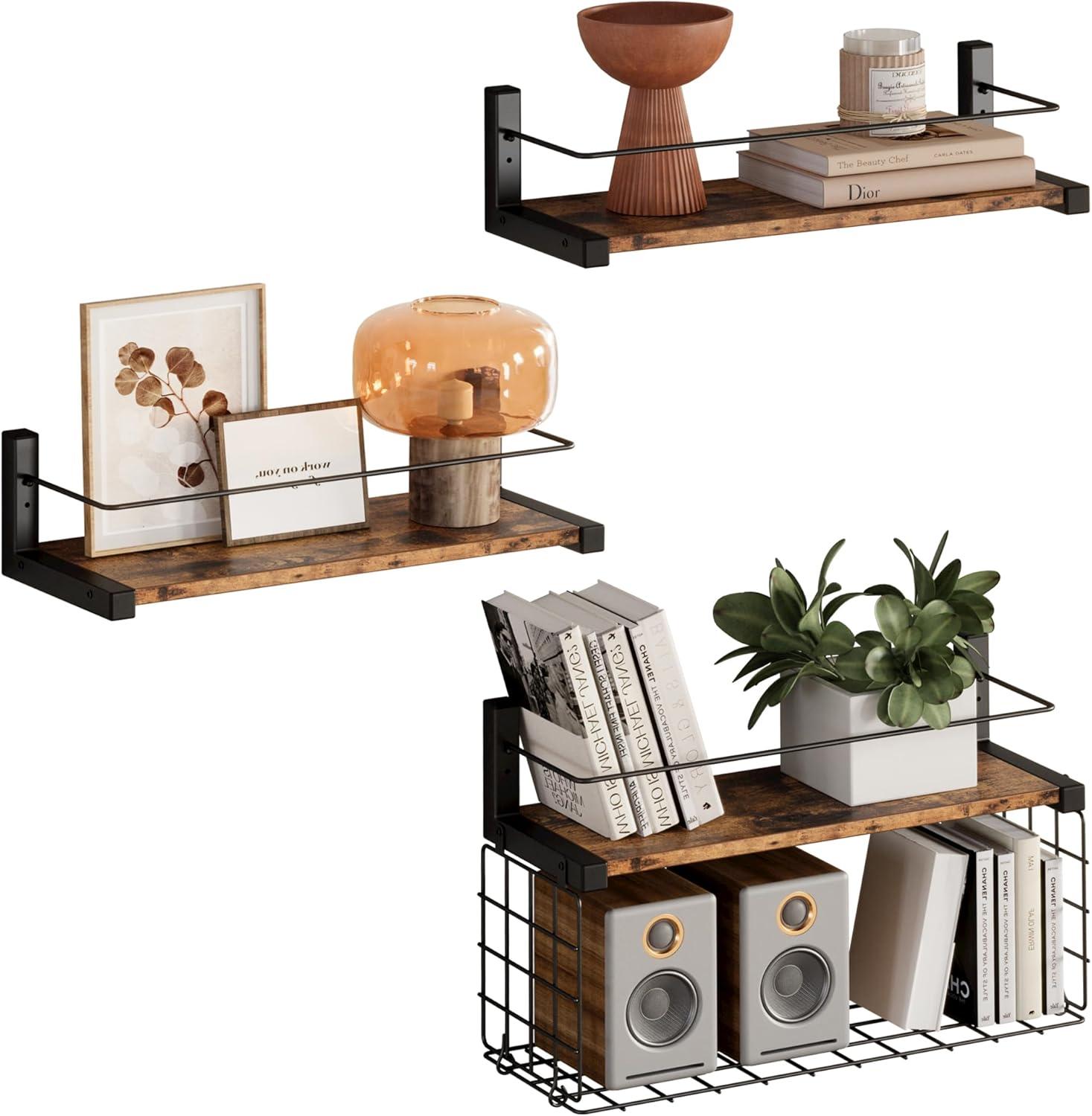 Black Wood Floating Shelves with Metal Guardrail