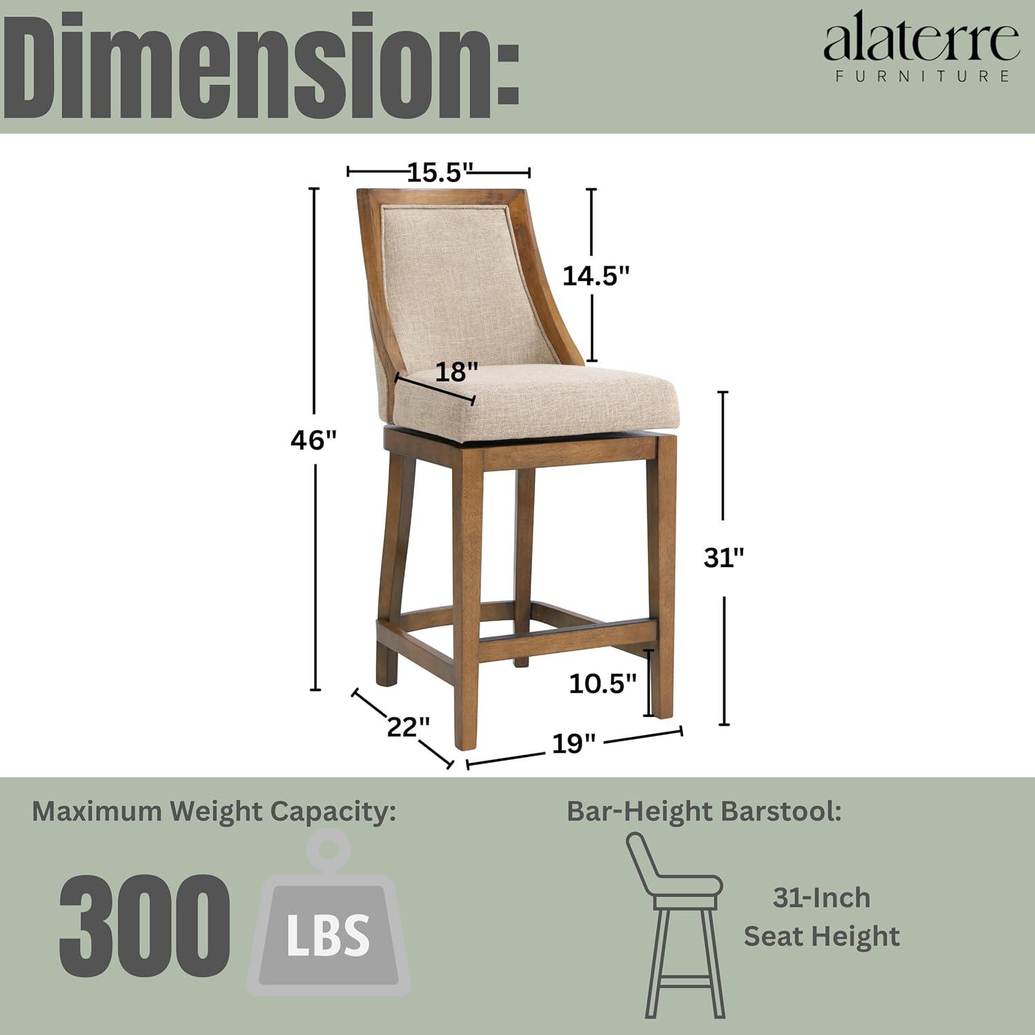 Alaterre Ellie Bar Height Stool, Back, Swivel Seat, Brown, Upholstered Padded Seat, Rubberwood Frame, Steel Memory Return Mechanism, Dimensions 19 in. W x 22 in. D x 46 in. H, Footrest, Metal Kick Plate