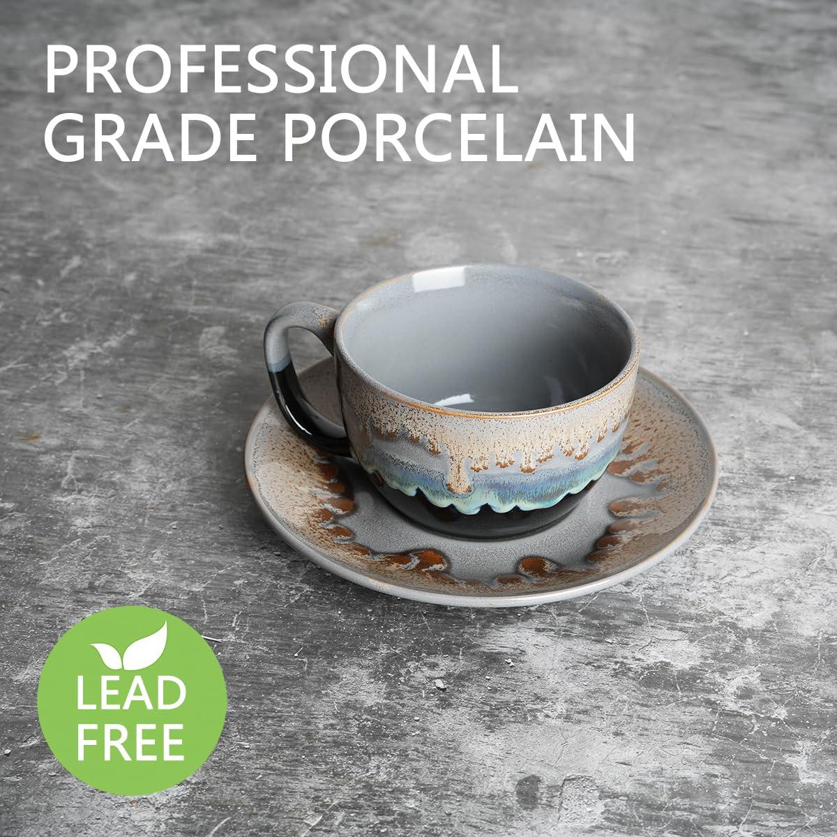 shuoli Ceramic Cappuccino Cup And Saucer Set Of 2, 10 Oz, Dishwasher And Microwave Safe, Coffee Cups For Latte, Espresso, Tea, Reavtive Glaze (Blue, 10 Oz) | Wayfair