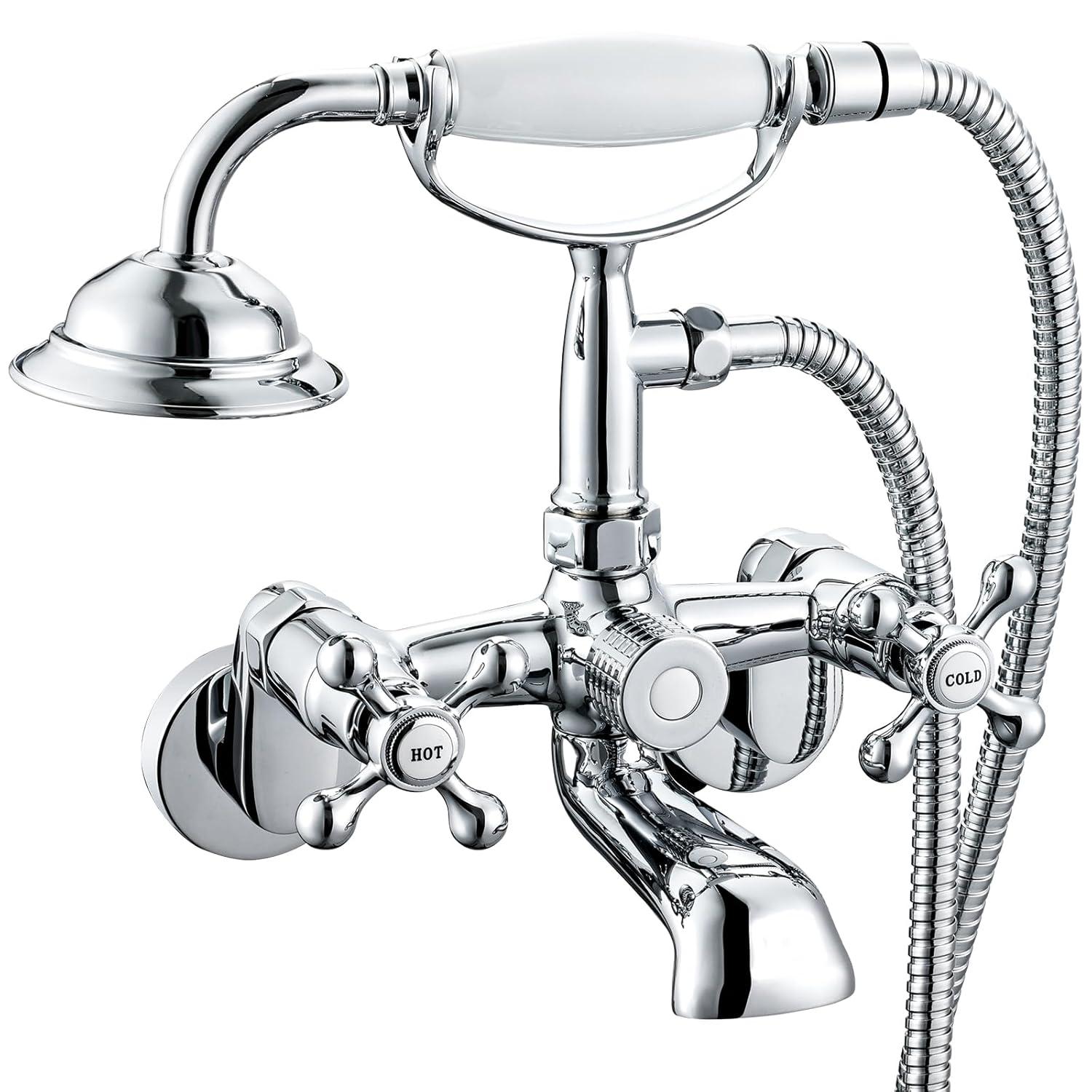 Wasserrhythm Clawfoot Tub Faucet and Shower Kit Chrome Wall Mount Tub Faucet G1/2 Vintage Tub Faucet Victorian Clawfoot Tub Faucet with Hand Shower Set Brass Double Cross Handle
