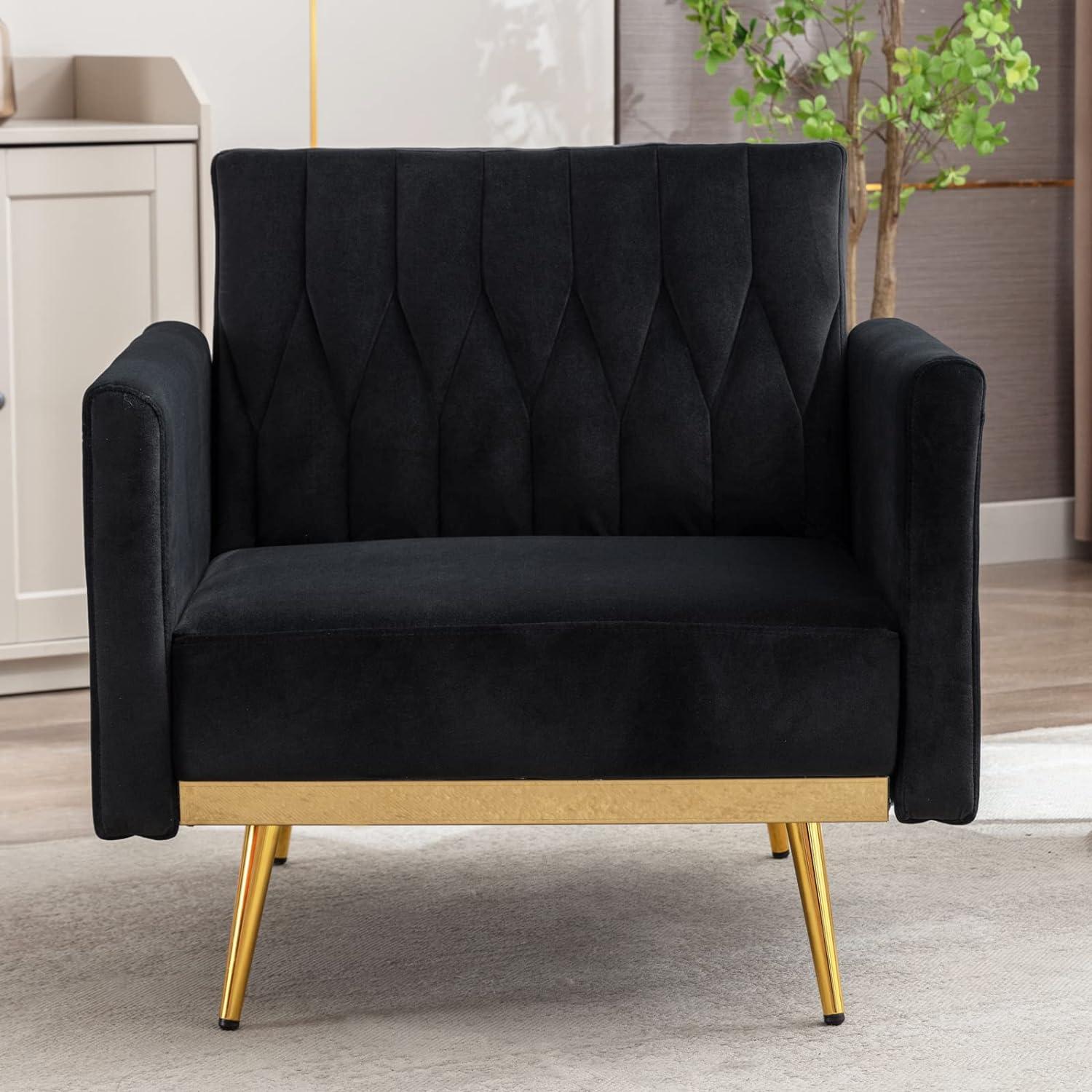 Black Velvet Accent Chair with Ottoman and Gold Metal Legs