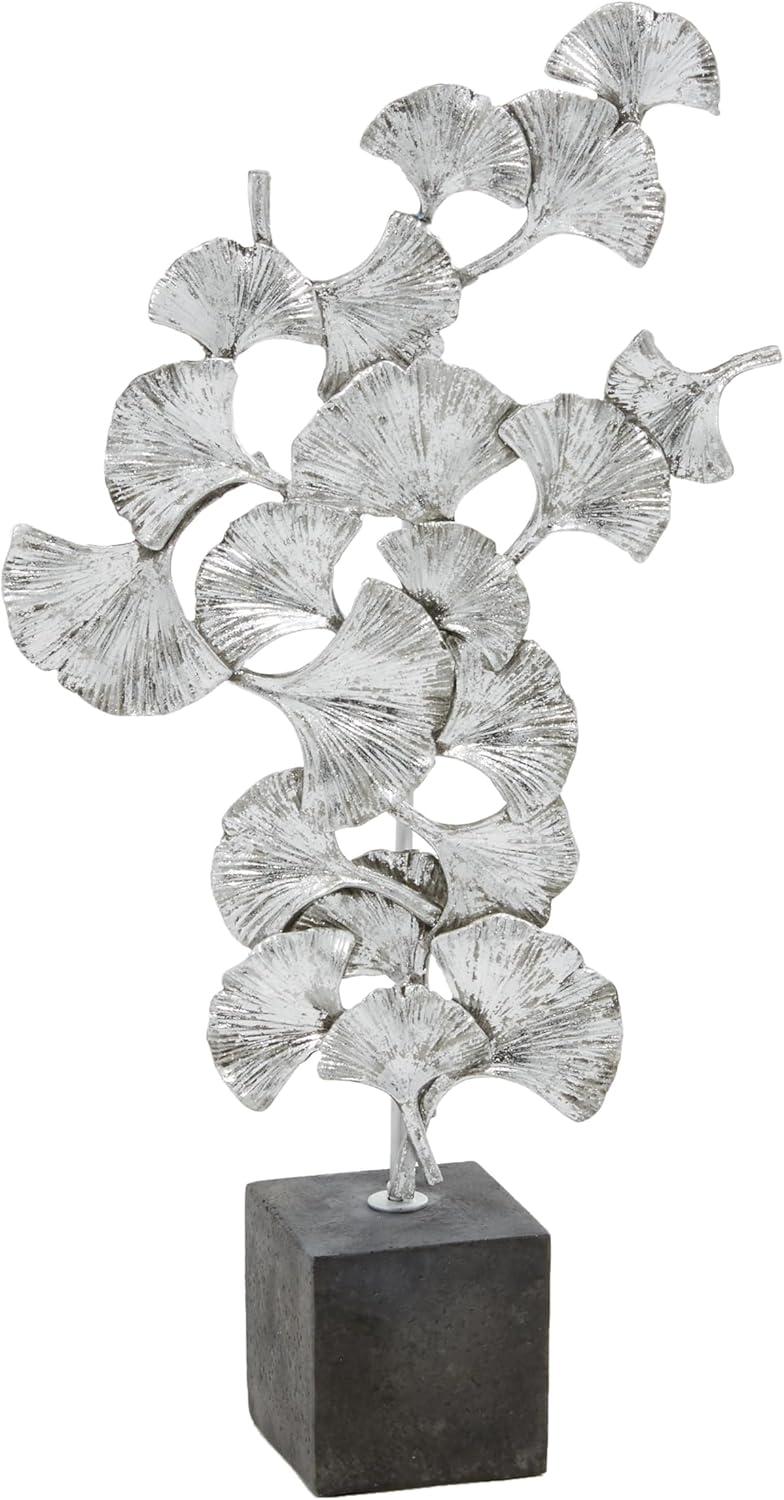 Silver Floral Metal Sculpture with Black Block Base