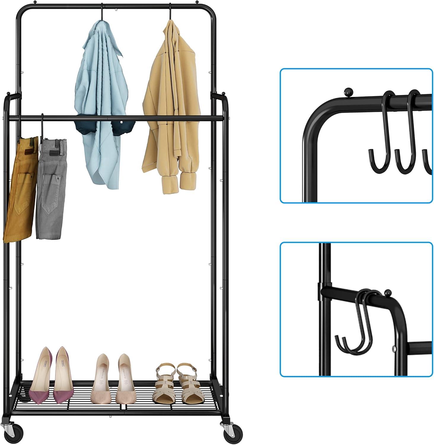 Black Heavy Duty Double Rod Rolling Garment Rack with Hooks