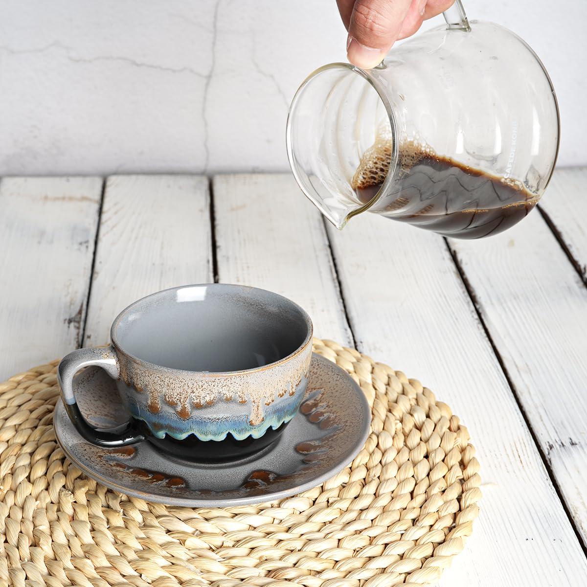 shuoli Ceramic Cappuccino Cup And Saucer Set Of 2, 10 Oz, Dishwasher And Microwave Safe, Coffee Cups For Latte, Espresso, Tea, Reavtive Glaze (Blue, 10 Oz) | Wayfair