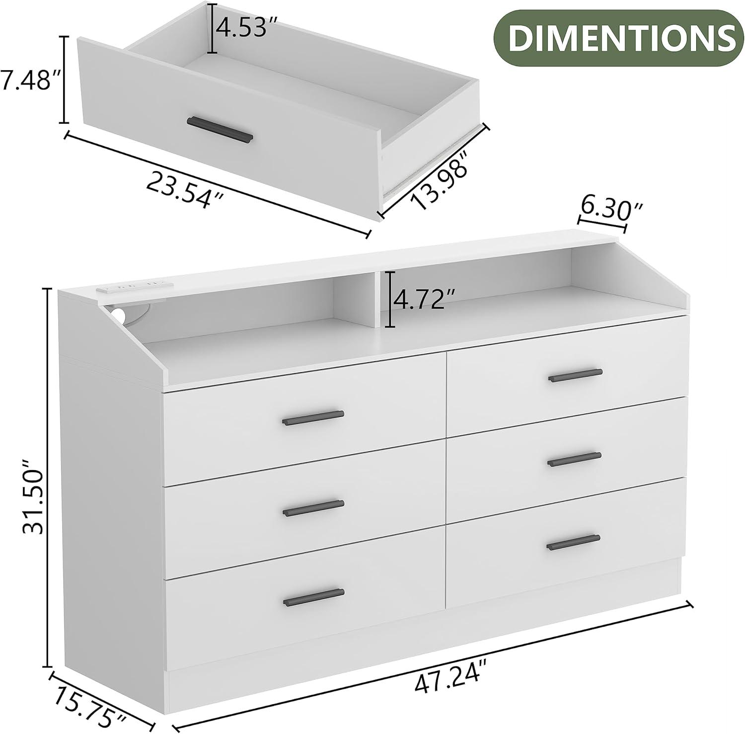 Gyfimoie 6 Drawers Dresser with Power Outlet, Chest of Drawers with LED Light, Modern Dresser with Open Storage Cubby, Double Wide Dresser Organizer for Bedroom, Living Room, Entryway, Hallway (Black)