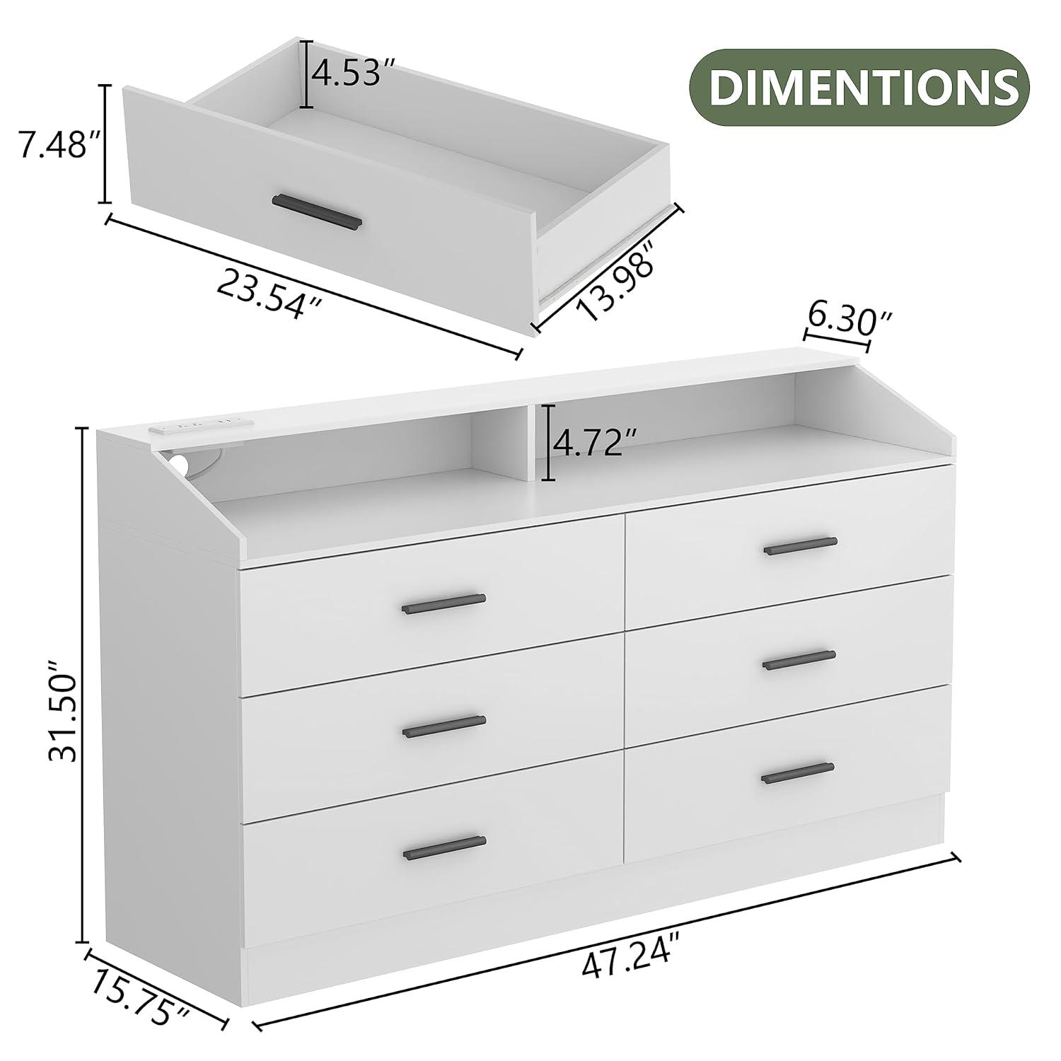 Gyfimoie 6 Drawers Dresser with Power Outlet, Chest of Drawers with LED Light, Modern Dresser with Open Storage Cubby, Double Wide Dresser Organizer for Bedroom, Living Room, Entryway, Hallway (Black)