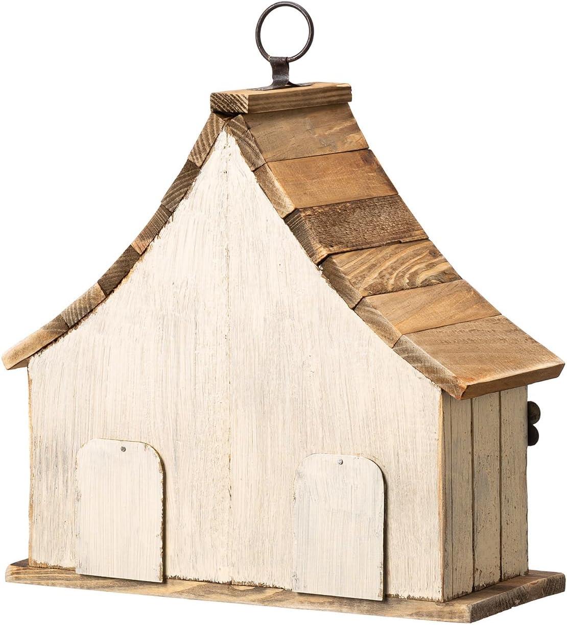 Distressed White Wooden Two-Story Garden Birdhouse with 3D Flowers