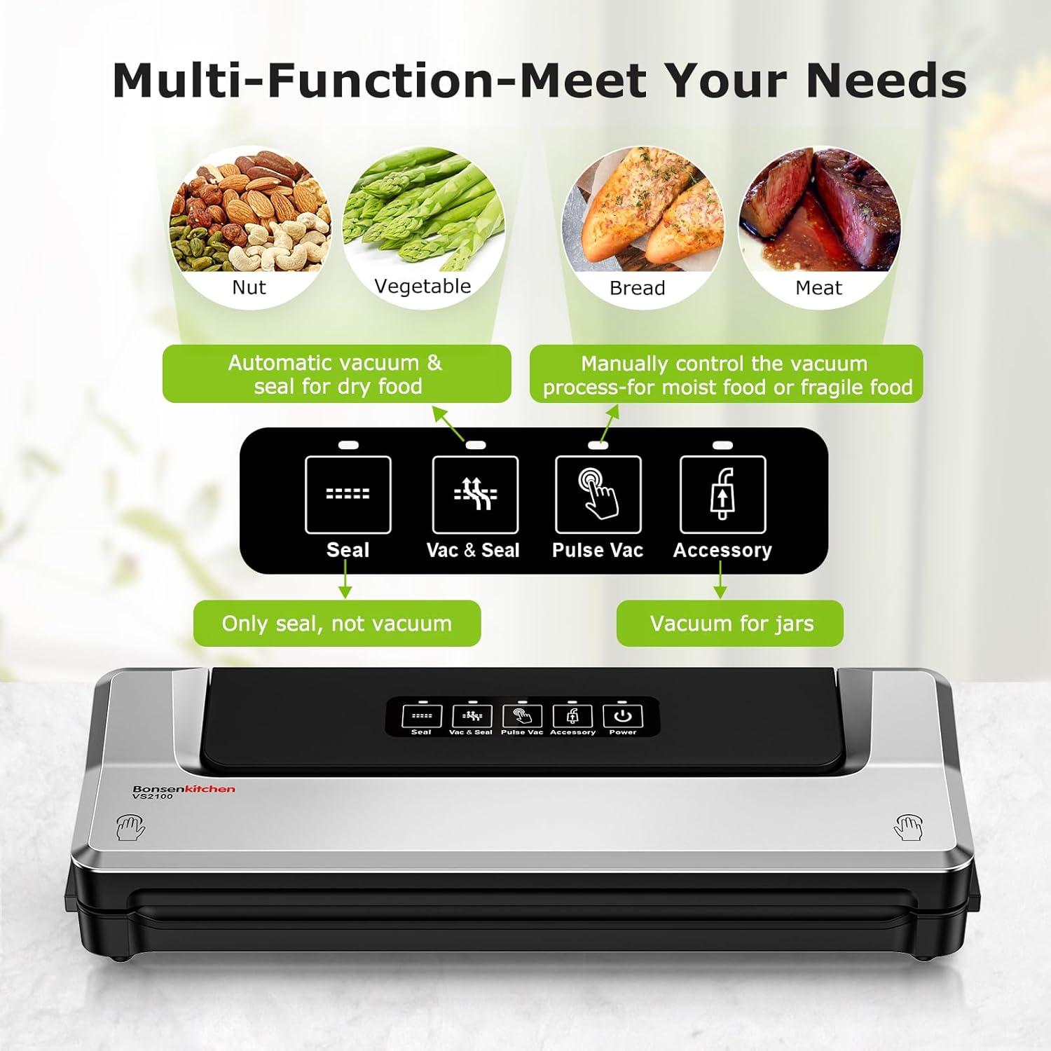 Bonsenkitchen Multi-Functional Food Vacuum Sealer with Globefish Technology for High-Speed Continuous Working, Vacuum Bags & Accessory Hose, Black