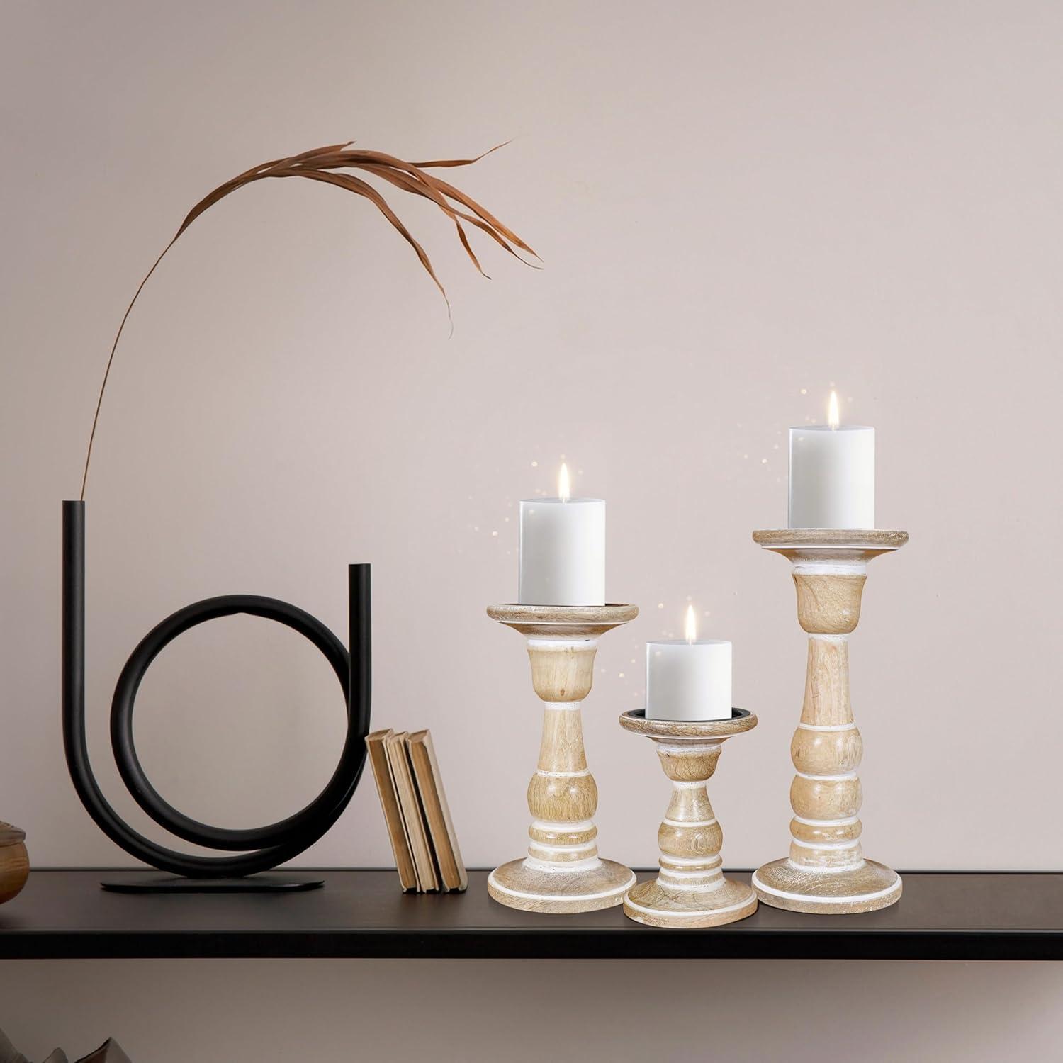 DecMode Traditional and Timeless Mango Wood Pillar Candle Holder Set of 3, 6", 8", 10"H, Cream Finish