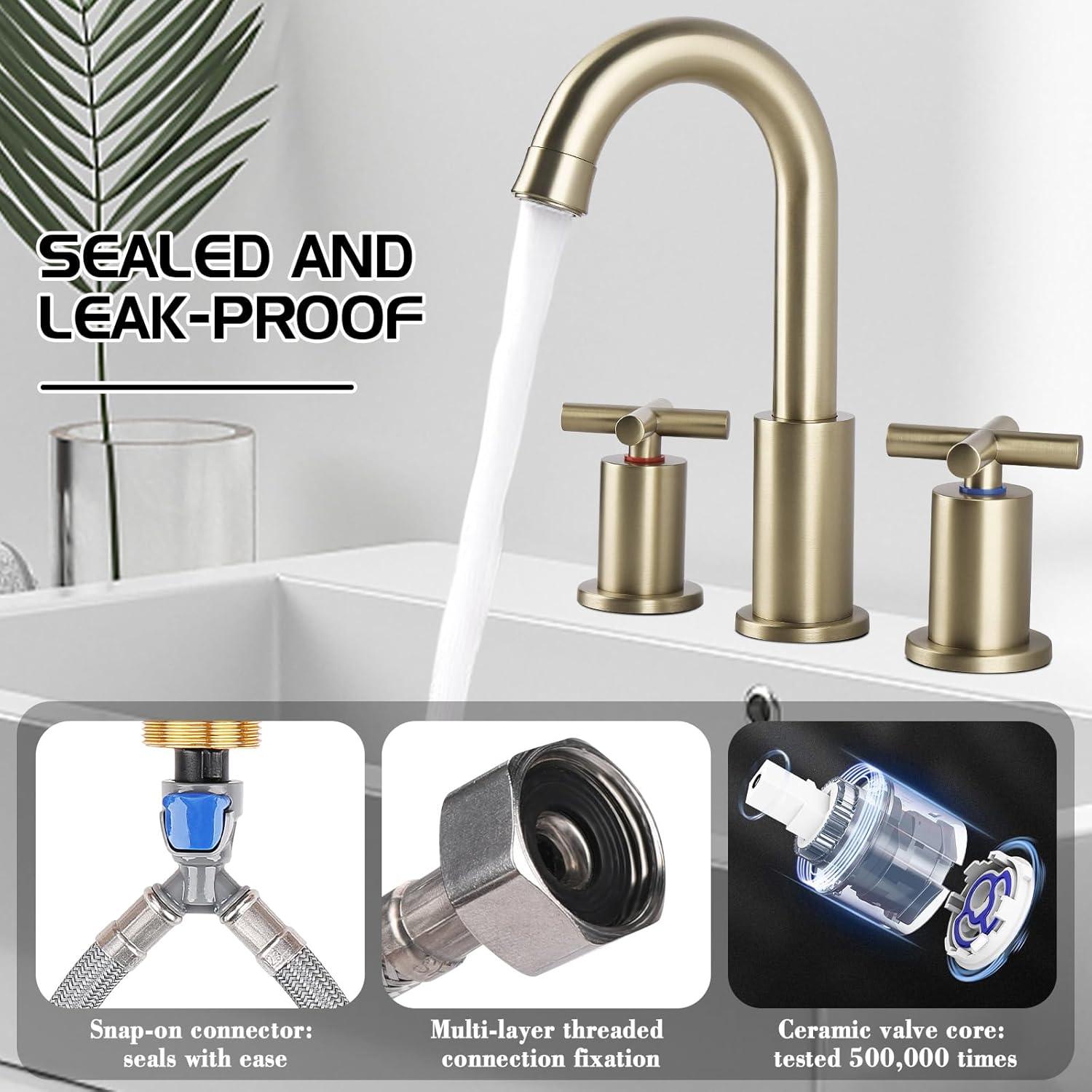 GXCROR Bathroom Faucets for Sink 3 Hole,2-Handle 8 inch Widespread Bathroom Sink Faucet with Pop Up Drain, Brushed Gold Basin Faucet Mixer Taps