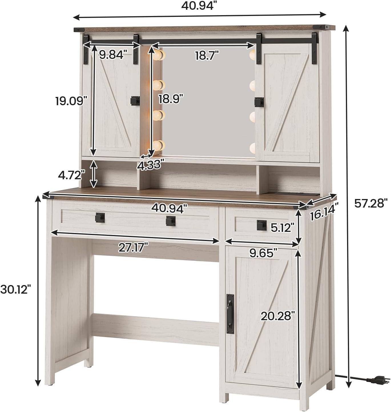 AOGLLATI Makeup Vanity with Lights & Barn Doors, Vanity Desk with Mirror and Lights & Charging Station, Farmhouse White Vanity Table with Jewelry Hooks and Open Storage Shelves