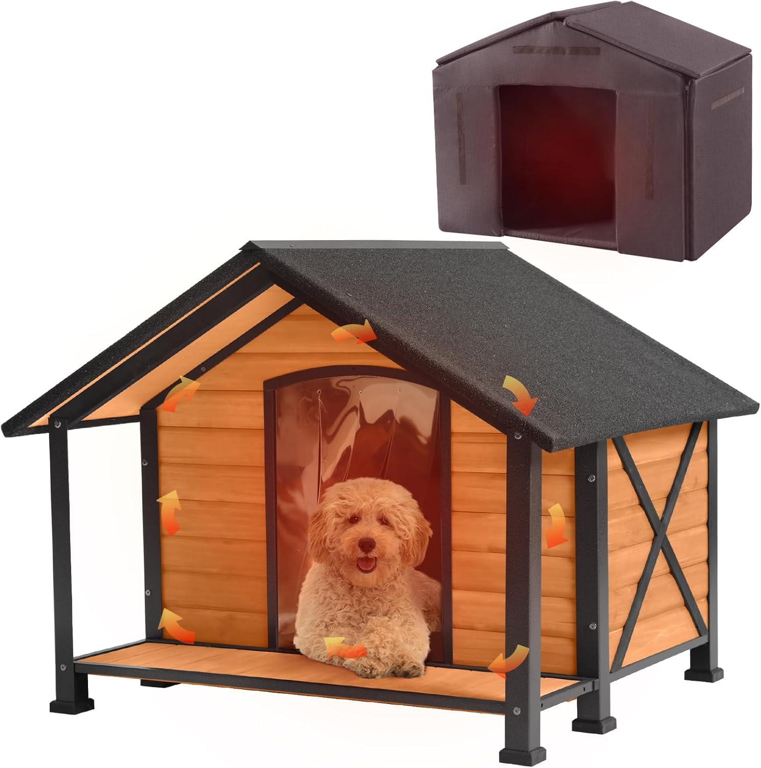 Large Brown Insulated Wood Dog House with Metal Frame