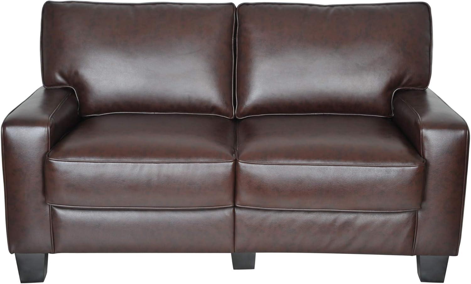 Chestnut Brown Leather 61" Loveseat with Pillow Back and Wood Accents