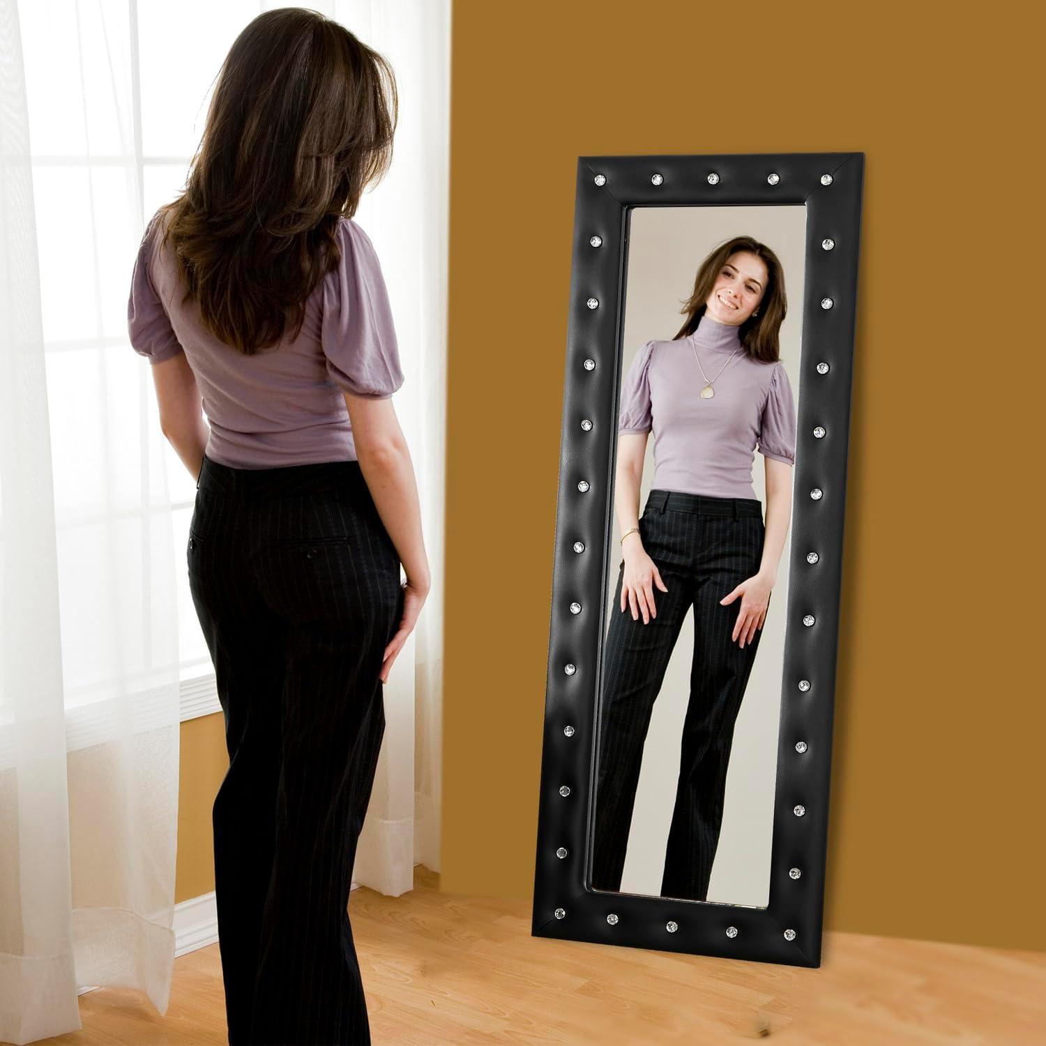 Crystal tufted Full length Mirror, Floor Mirror, Full Body Mirror for Home, Wall Mirror with Faux Wood Frame, 63"LX22"W Large Mirror for Bedroom, Leaner Mirror, Black Mirrors for Wall,