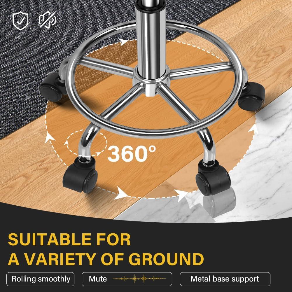 Round Rolling Stool with Footrest PU Leather Height Adjustable 360° Swivel Stool with Wheels Office Stool Chair Home Drafting Work Studio Shop SPA Salon Small (Grey)