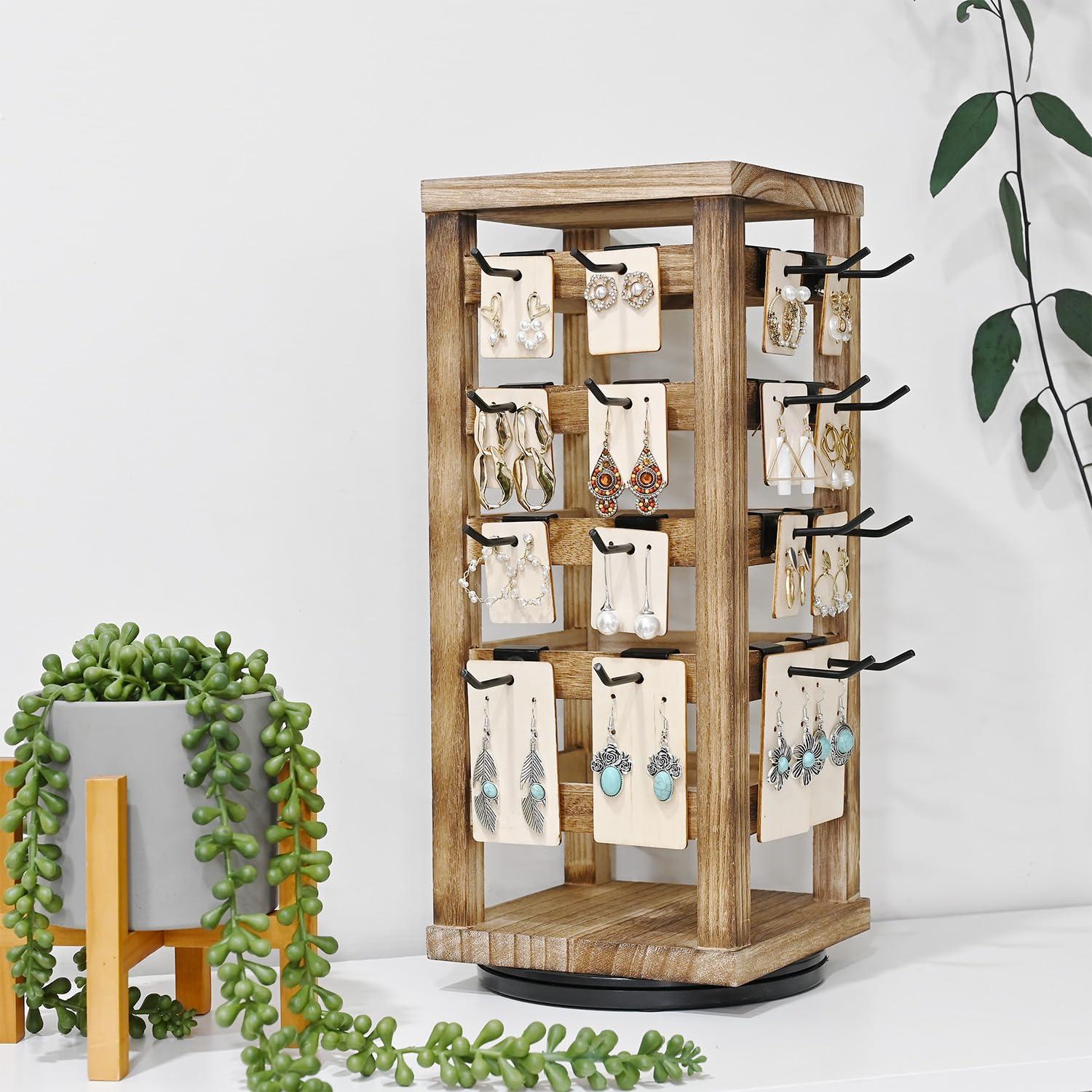 Latitude Run® Design Exquisite Rotating Jewelry Tower- Natural Wood Finish- Showcase And Organize Your Collection With 42 Hooks- Easy Earring Display Stand- 5 Bars On Each Face For Maximum Storage -Oak Color