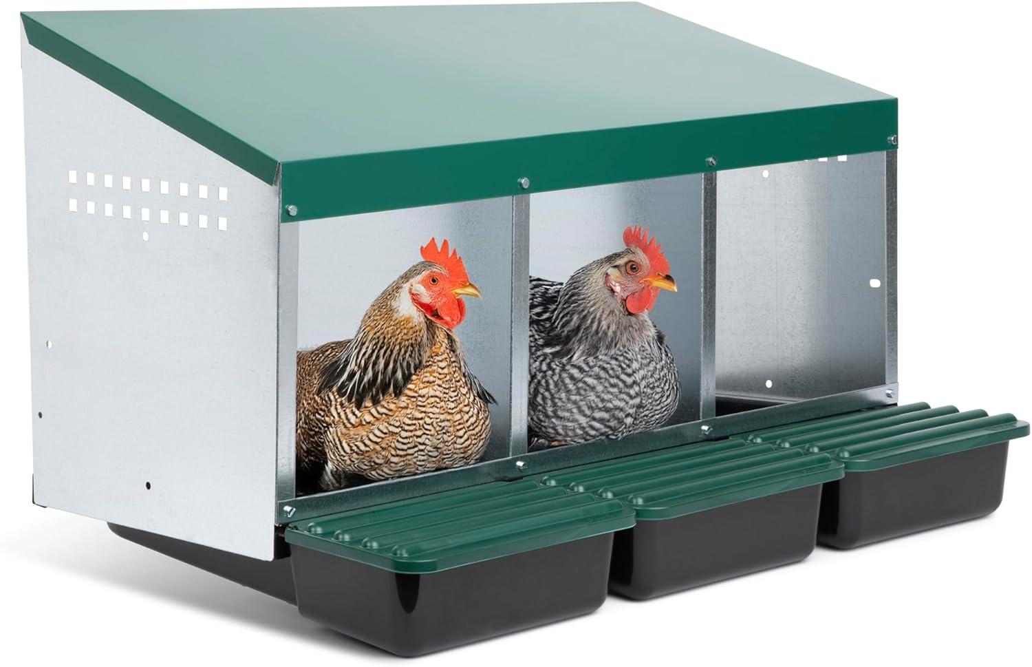 Compact Style 3 Compartment, Forward Rollout & Rollaway, Hen & Chicken Nesting Box with Protective Egg Laying Collection Lids