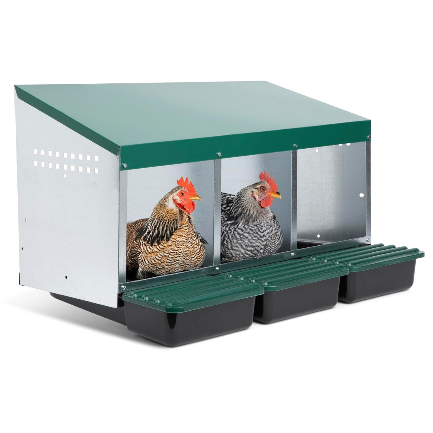 Compact Style 3 Compartment, Forward Rollout & Rollaway, Hen & Chicken Nesting Box with Protective Egg Laying Collection Lids