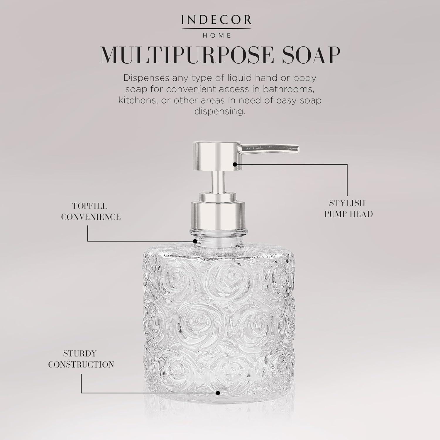 Marcella Glass Soap Dispenser with Soap Pump, Refillable 14 Ounce Capacity, Floral Design Rose Patterns, Heavy Weight Thick Glass for Bathroom, Premium Kitchen Soap Dispenser Peach Blush