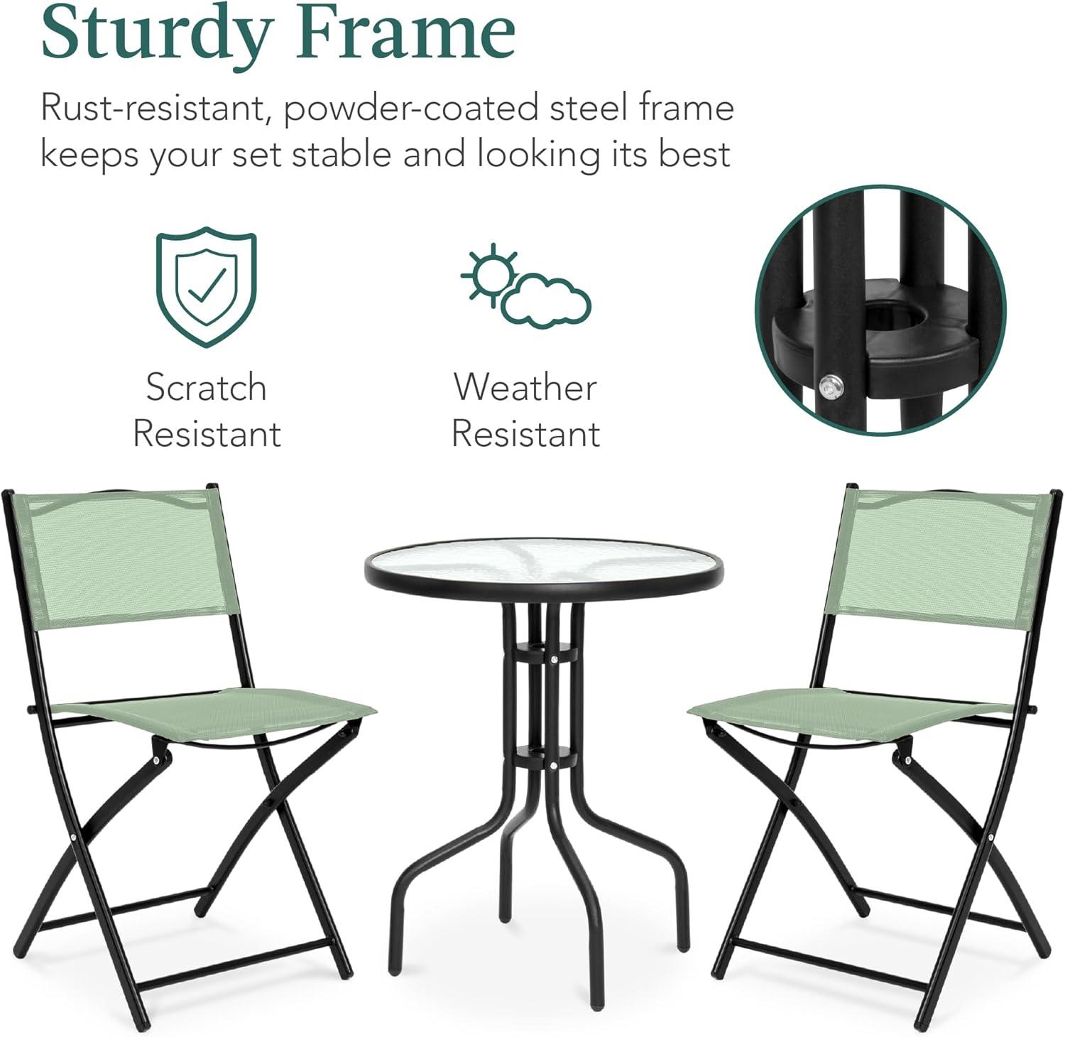 George Oliver 3-Piece Patio Bistro Dining Furniture Set W/ Glass Tabletop, Folding Chairs