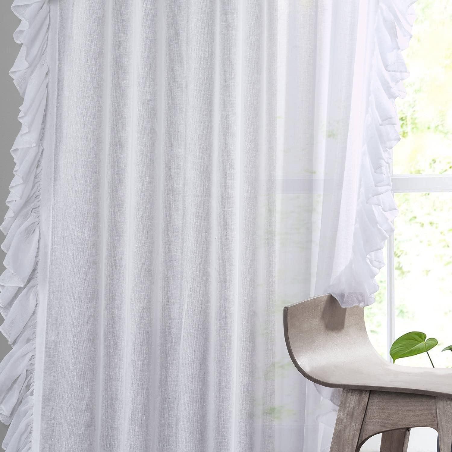 White Orchid 108" Sheer Linen Ruffle Curtain Panel