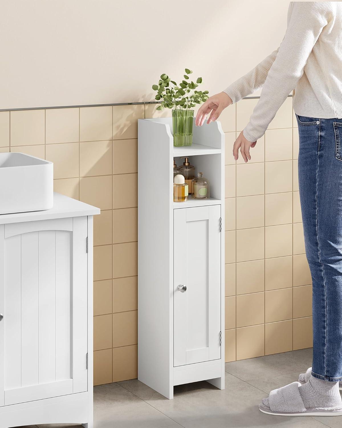 White MDF Narrow Bathroom Storage Cabinet with Adjustable Shelves