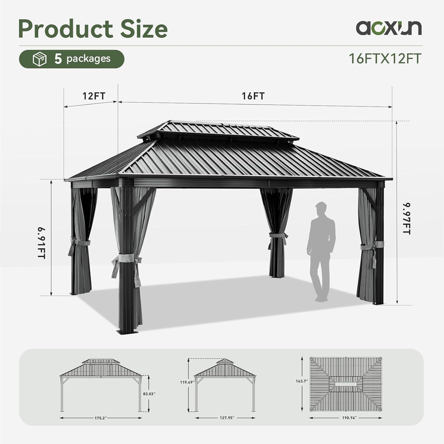 Kozyard Kozyard Alexander Gray Double Roof Hardtop Gazebo with Privacy Curtain Mosquito Netting