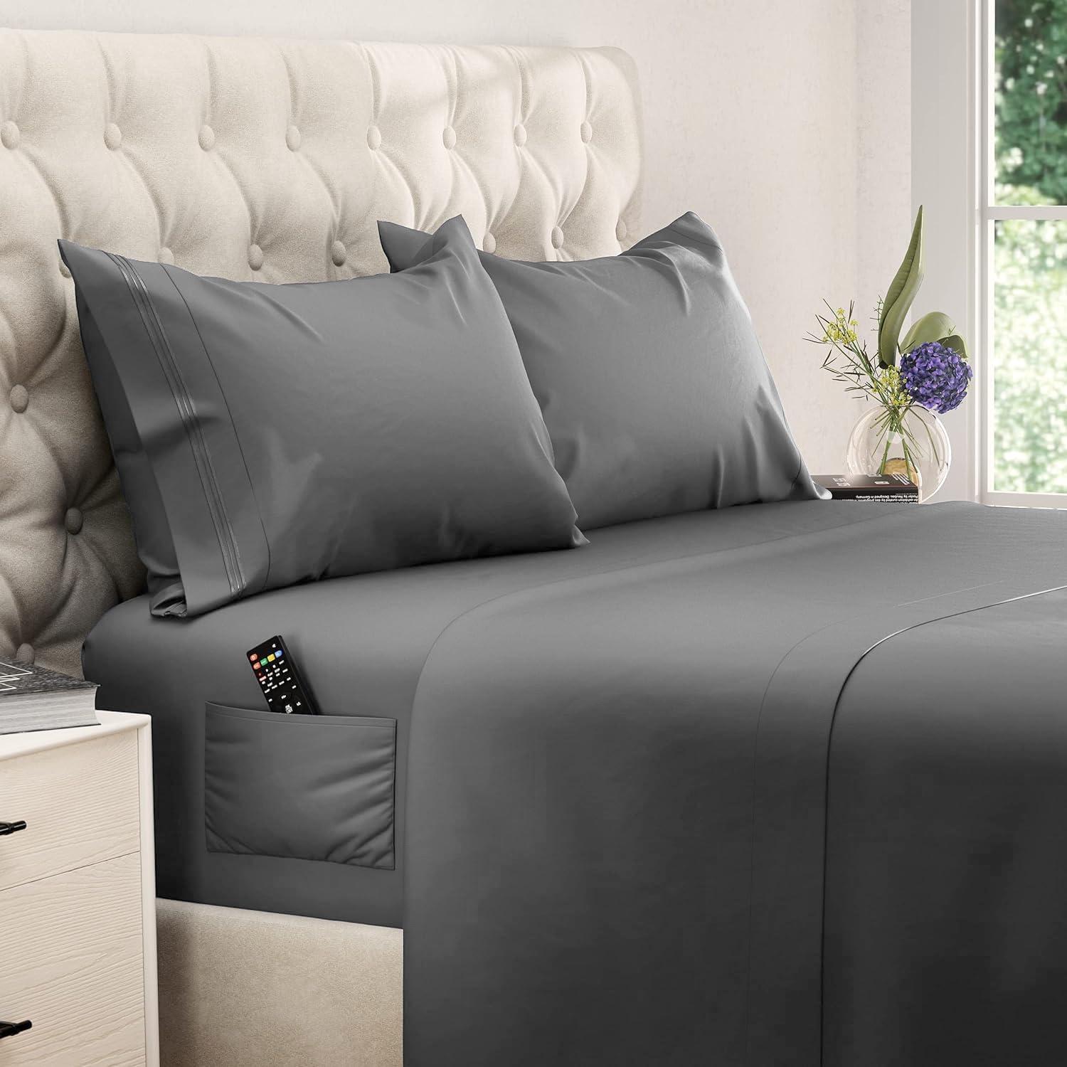 DREAMCARE - Bed Sheets Set - Queen Size Sheet with Side Pocket - 4pcs Set, 15 inches, Dark Gray