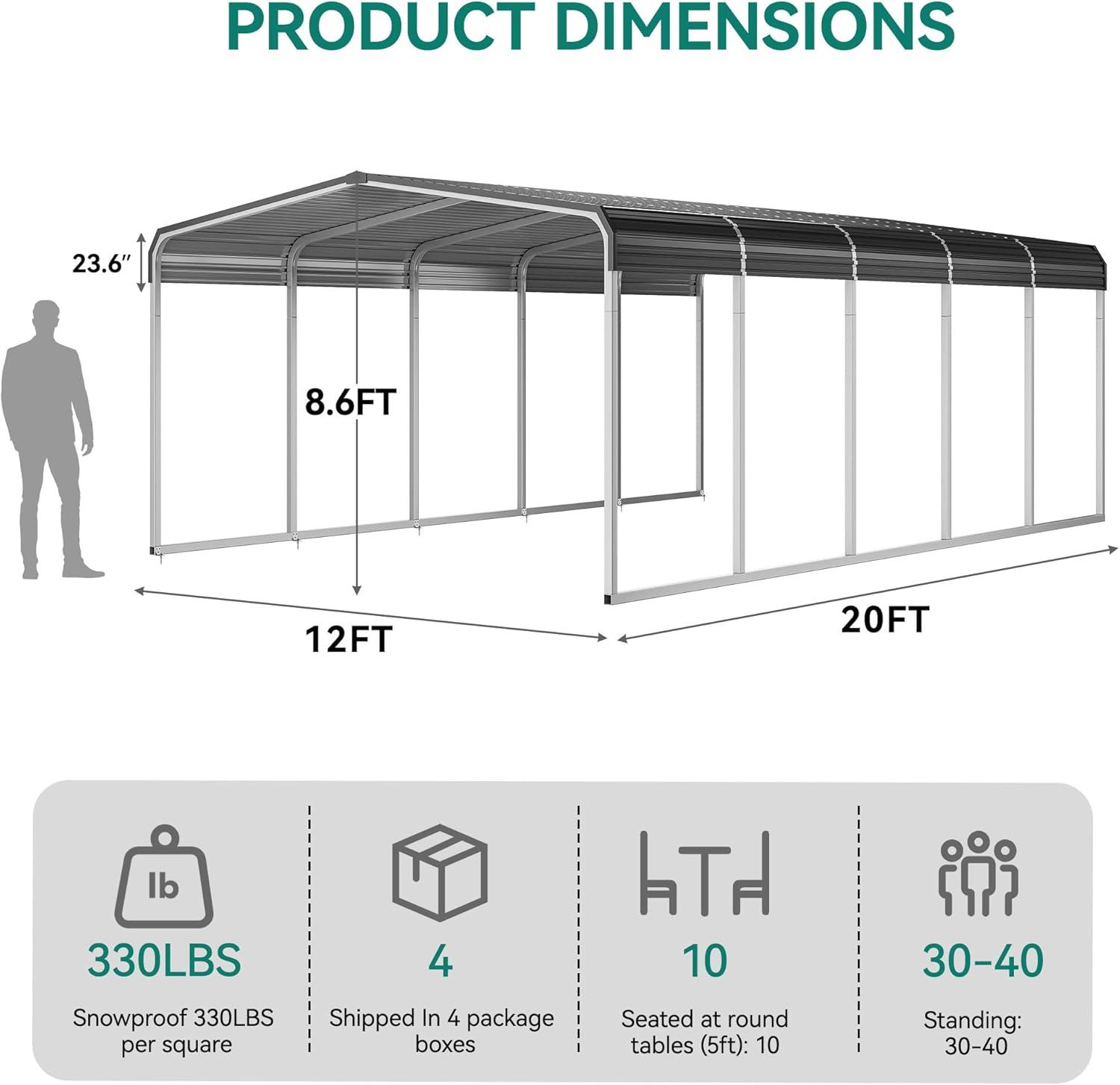 Tolead 12' x 20' Outdoor Metal Carport, Heavy Duty Galvanized Steel Car Canopy for Truck, SUV, Boat, Grey