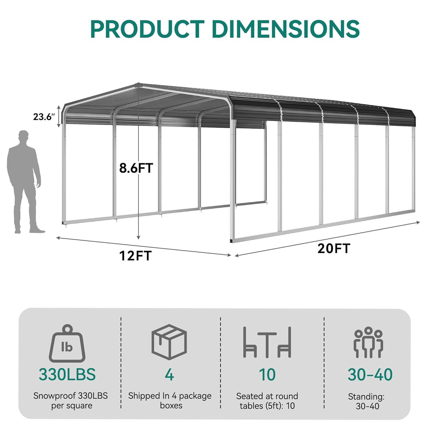 Tolead 12' x 20' Outdoor Metal Carport, Heavy Duty Galvanized Steel Car Canopy for Truck, SUV, Boat, Grey