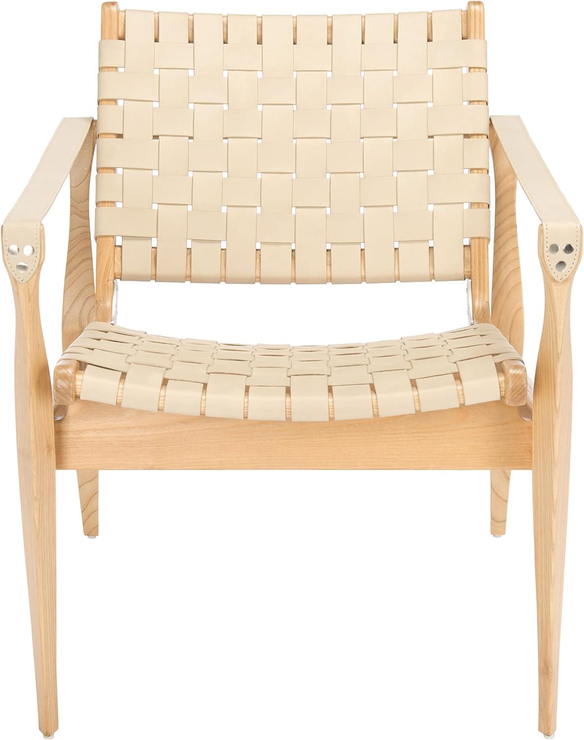 Cherry Mahogany & Woven Leather Safari Accent Chair - White