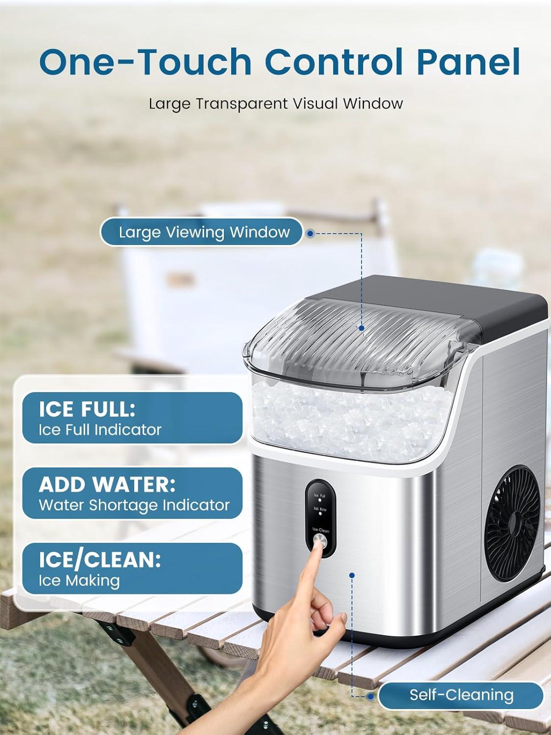 Silver Portable Countertop Nugget Ice Maker with Ice Scoop