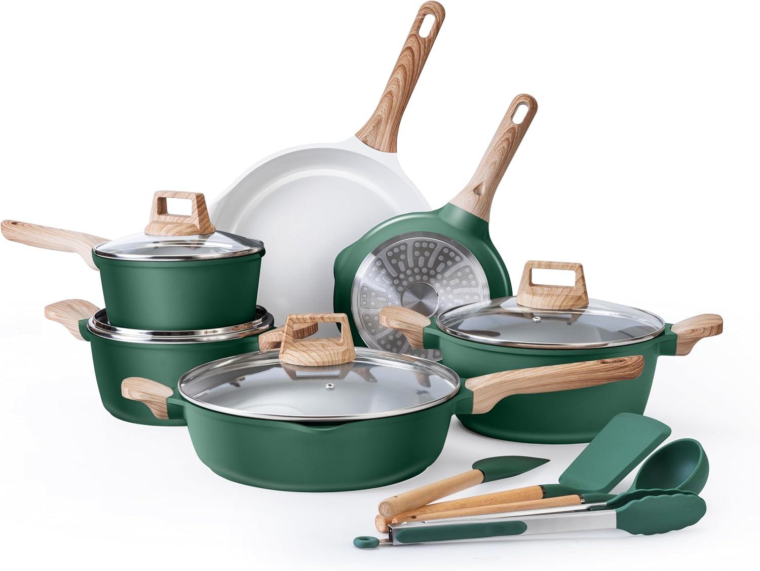 Sage Green Nonstick Cast Aluminum 14-Piece Cookware Set with Utensils