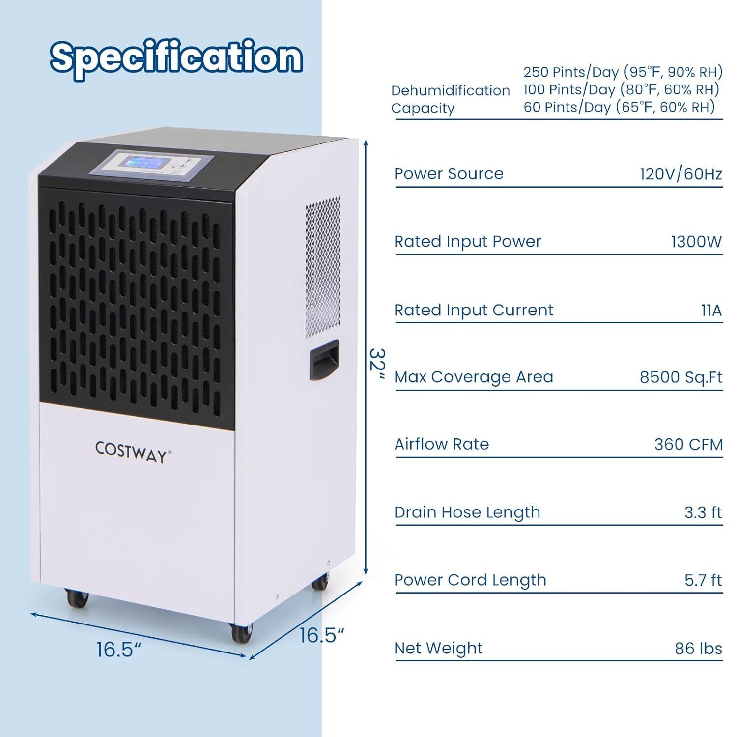 YYAo Dehumidifier,Portable Dehumidifier,Moisture Removal Machine,250 Pints Commercial Dehumidifier with Drain Hose Large Spaces up to 8500 Sq.Ft-White