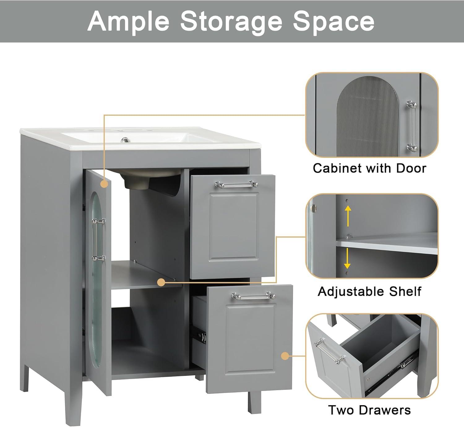 RONSHIN Bathroom Storage Cabinet, 24 Inch Bathroom Vanity with Sink, Overflow, Adjustable Shelf, 2 Drawers, Waterproof Single Sink Bathroom Vanity Cabinet