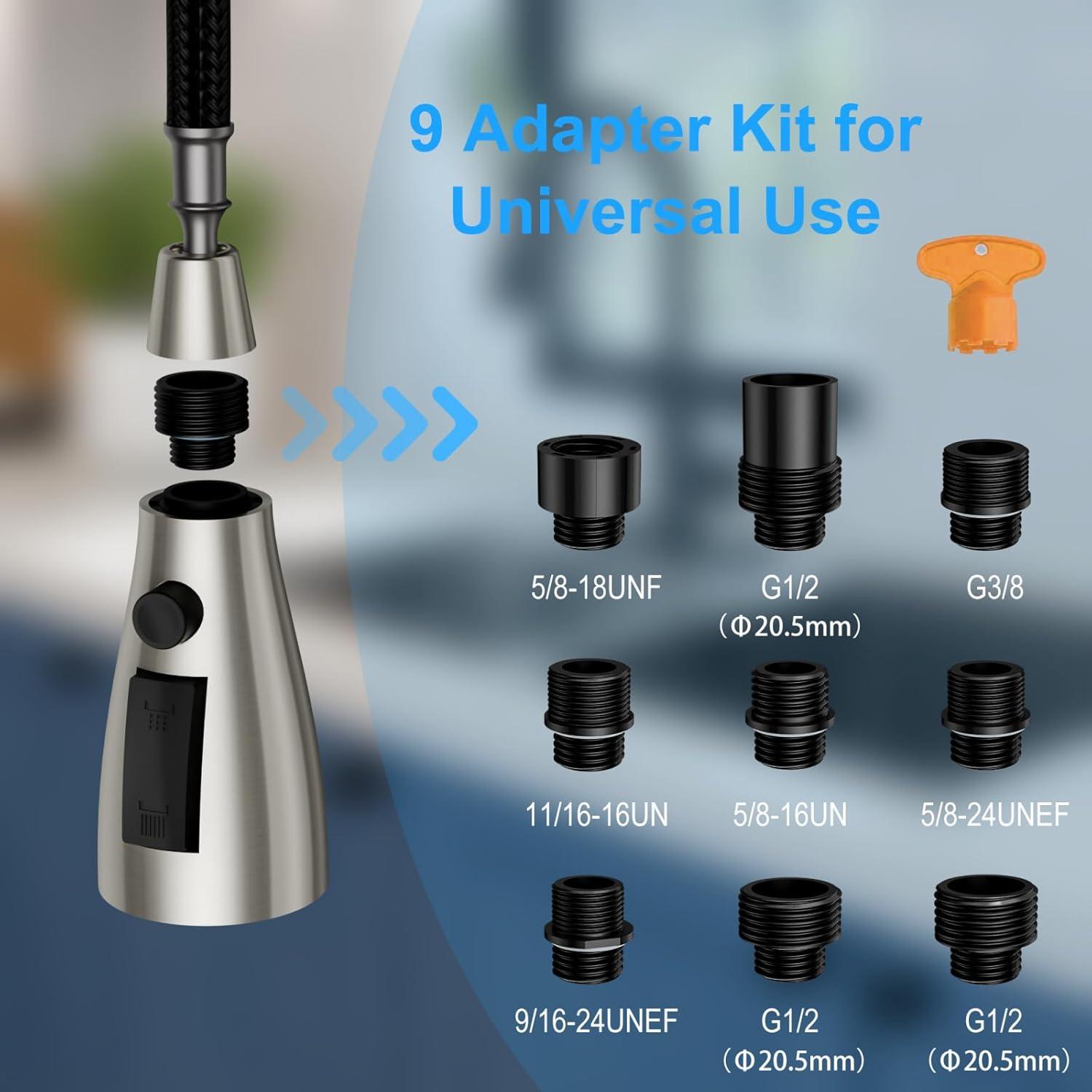 WOWOW 3-Function Sprayer Pull Down Kitchen Faucet Spray Head Replacement With 9-Adapter Kit