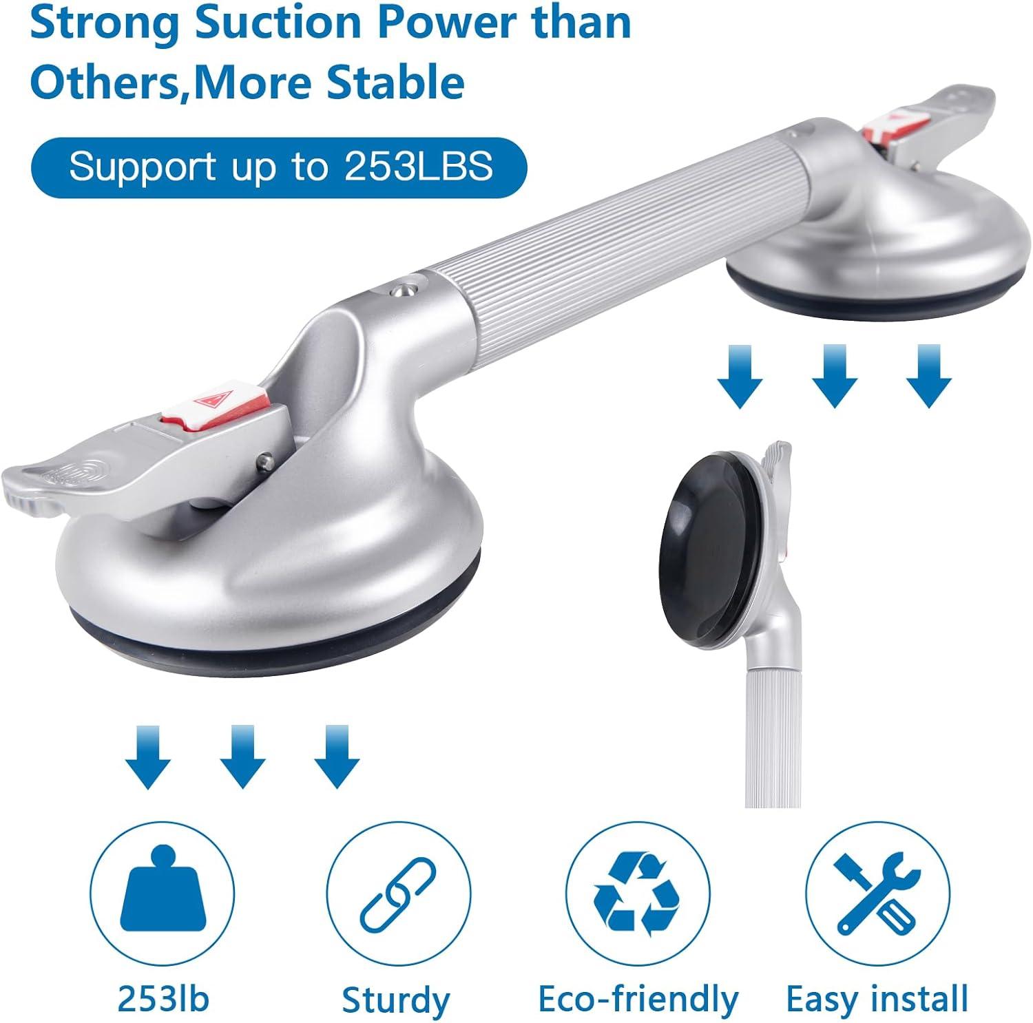 19-Inch Shower Handle - Upgraded Grab Bar with Strong Suction Cups for Bathtub & Shower Safety, Ideal for Seniors, Elderly, Disabled，Silver