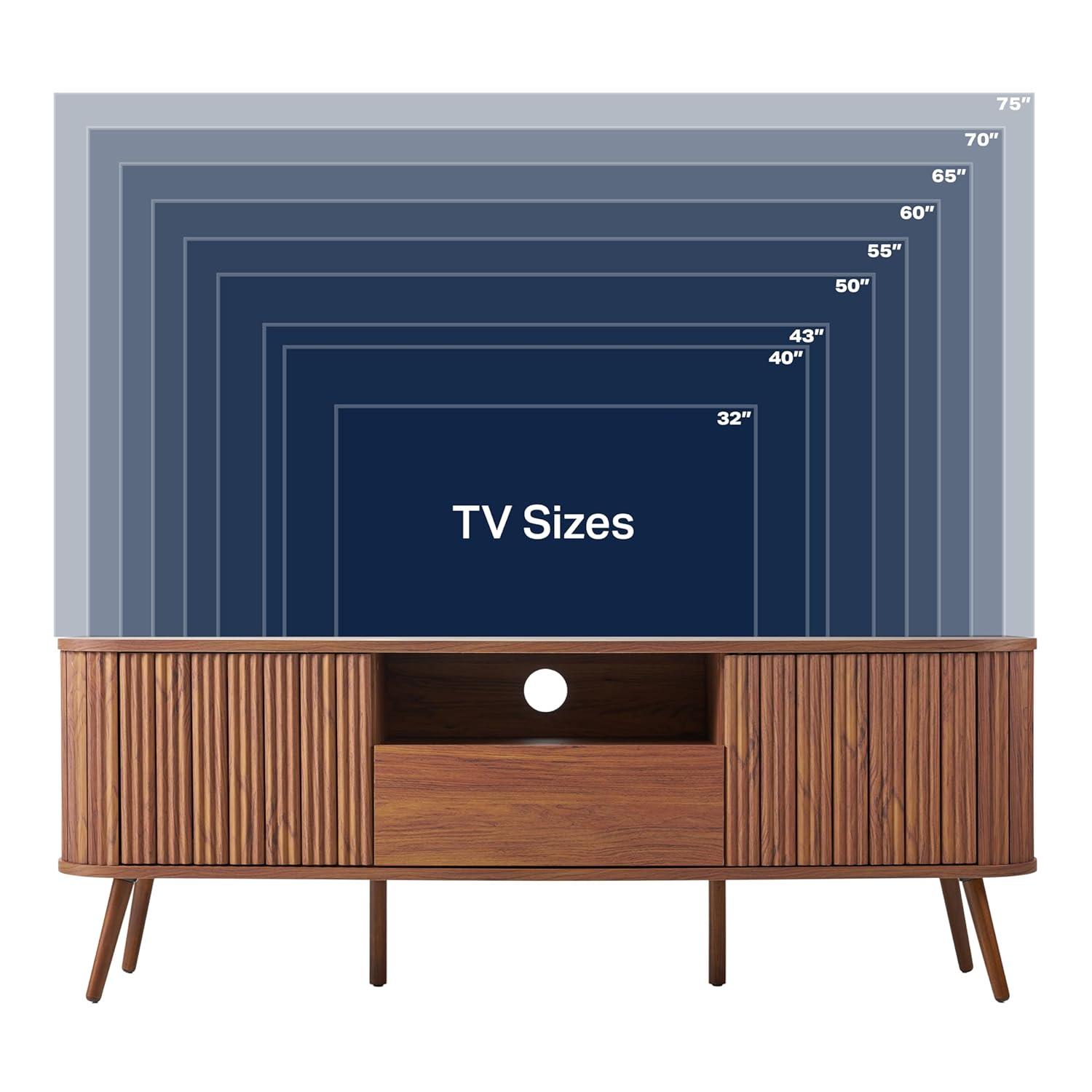 JONATHAN Y Damien 70 in. Farmhouse Curved TV Stand with Drawer and Storage Doors Fits TVs up to 75 in. with Cable Management, Walnut