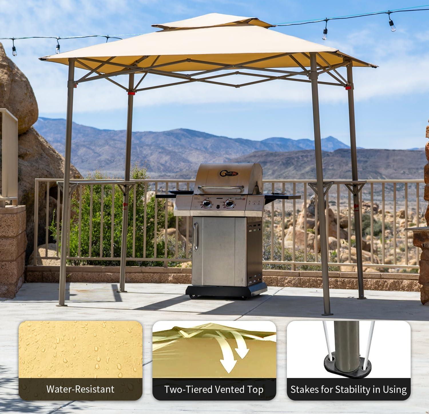 CROWN SHADES 8 x 5 Foot BBQ Grill Gazebo Beach Tent Canopy, Easy Up Outdoor Patio Shade Cover with Double Tier Vented Top & 2 Side Shelves, Beige