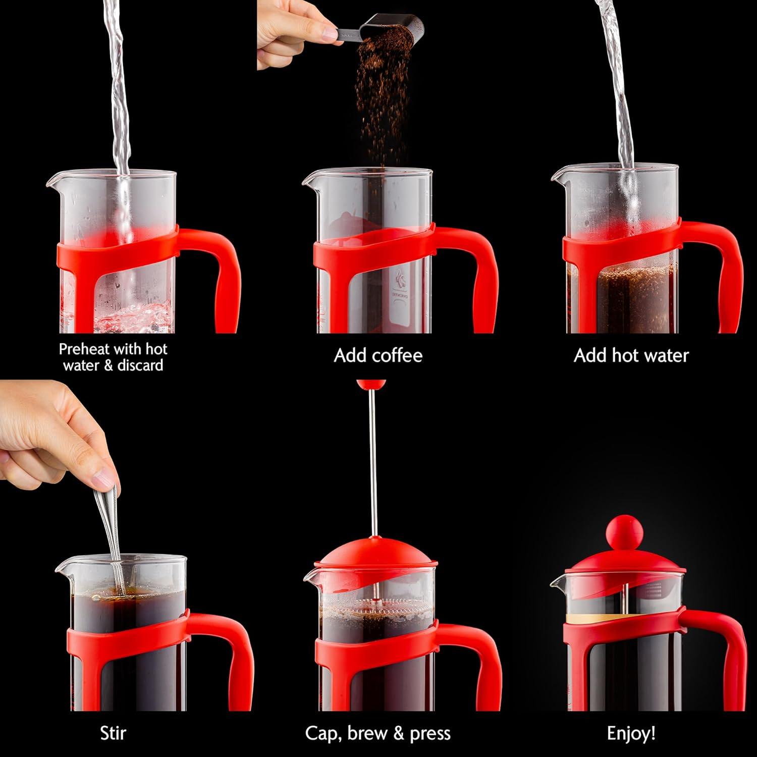 Ovente FPT34R OVENTE French Press Coffee Maker, Heat Resistant Borosilicate Glass with 4 Filter Stainless-Steel System, BPA-Free Portable Pitcher Perfect for Hot & Cold Brew
