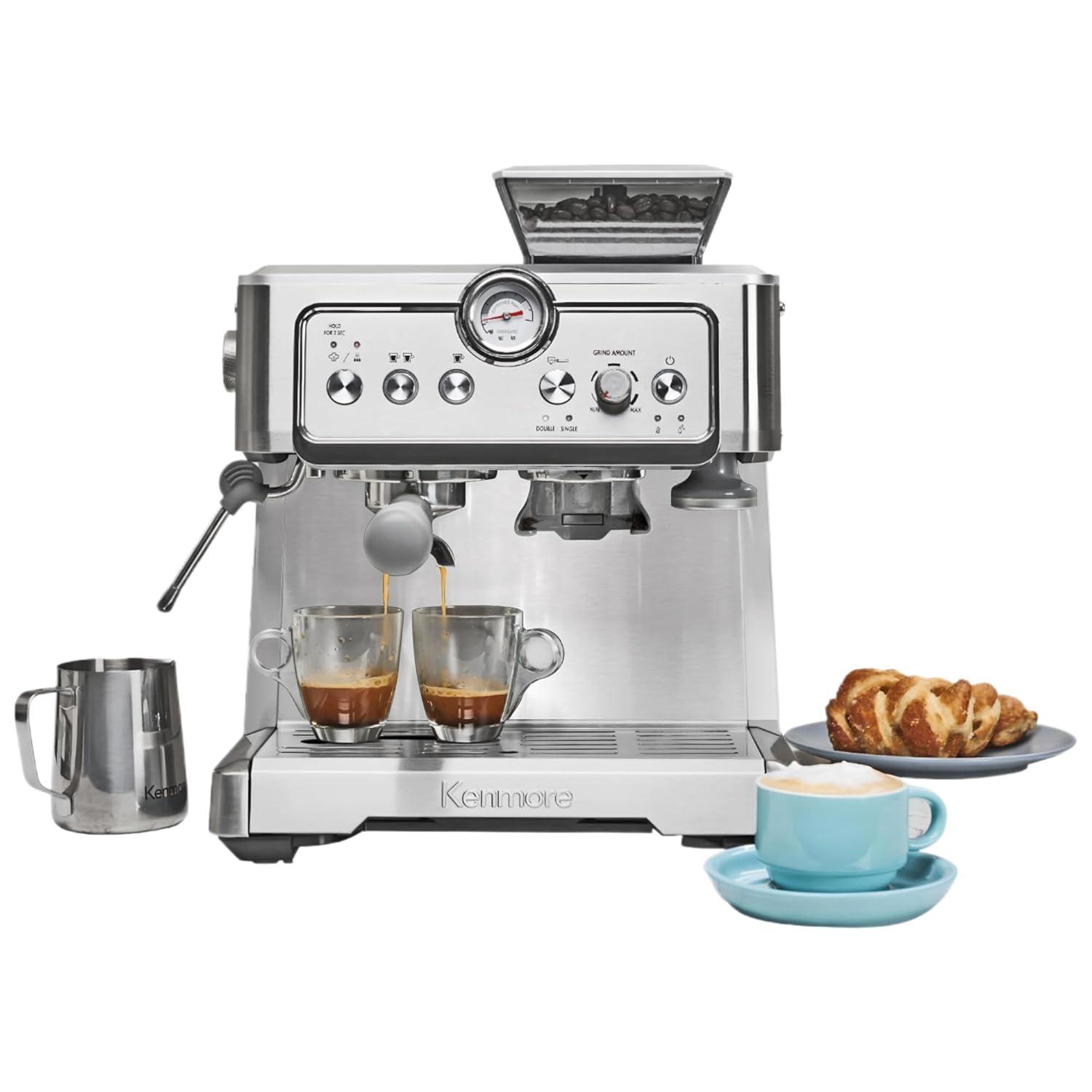 Kenmore Kenmore Espresso Machine With Grinder & Milk Frother, 15 Bar Espresso Coffee Maker, Stainless Steel