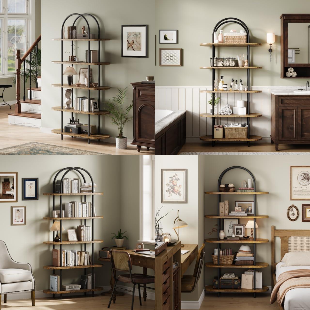 Black and Retro Five-Tier Arched Metal and Wood Bookshelf